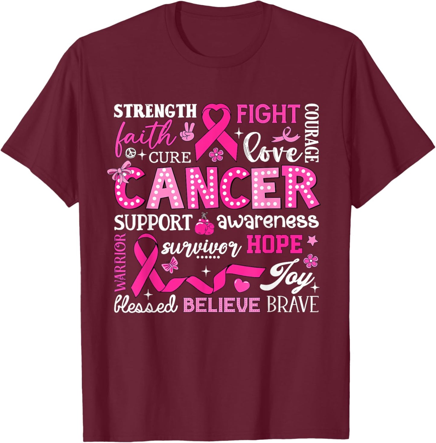 Breast Cancer Awareness Typography Pink Ribbon Bow T-Shirt - T-Shirt | Maroon