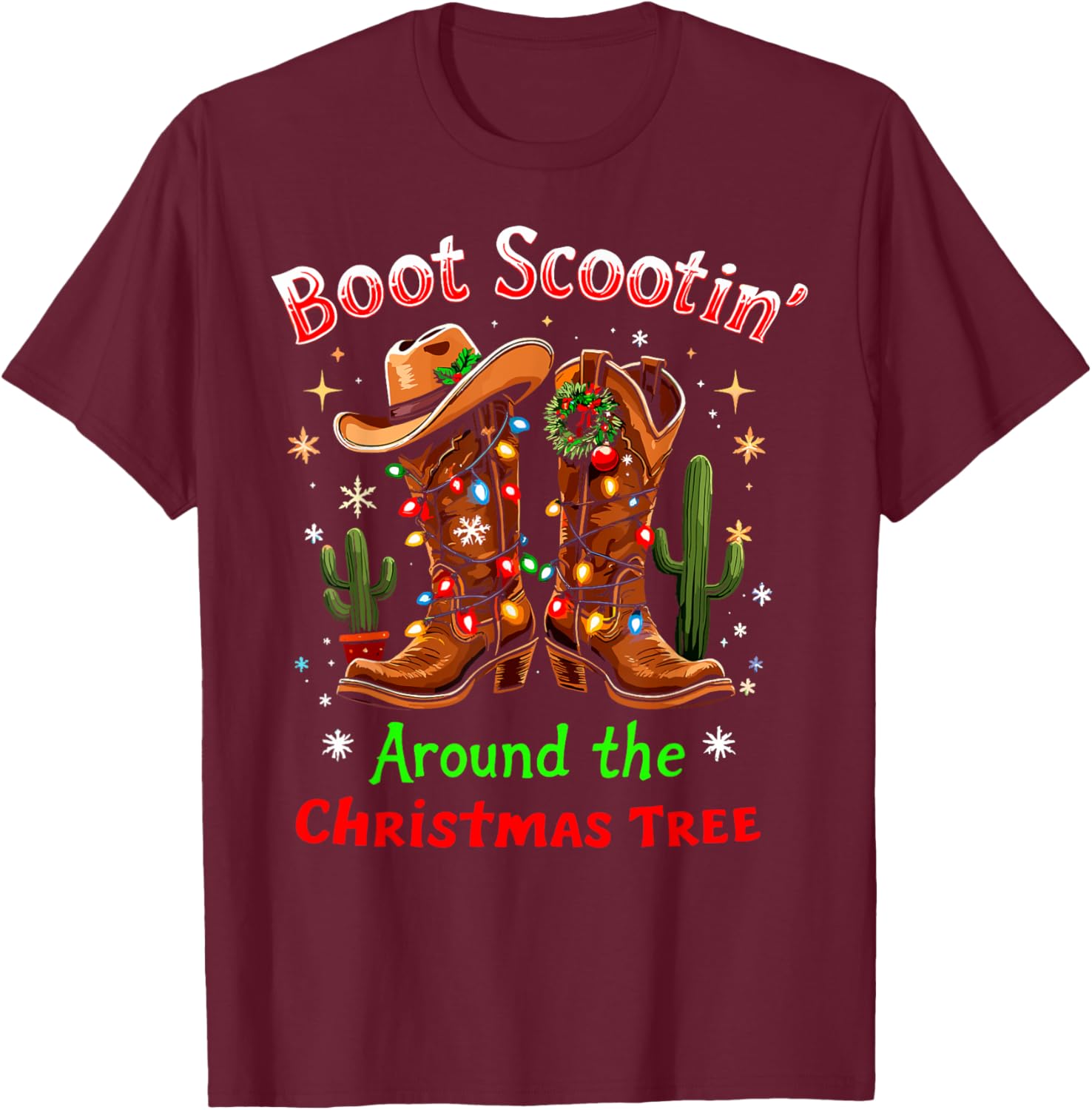Funny Christmas New Year Xmas Party Christmas Eve Boot Scootin' Around the Christmas Tree Lights Cowboy - Black, Small, Short Sleeve, , Western Style, Casual, -Adults/Kids T-Shirt - T-Shirt | Maroon
