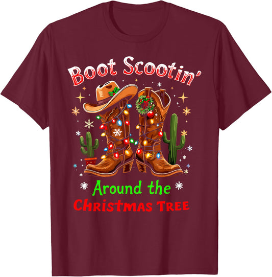 Funny Christmas New Year Xmas Party Christmas Eve Boot Scootin' Around the Christmas Tree Lights Cowboy - Black, Small, Short Sleeve, , Western Style, Casual, -Adults/Kids T-Shirt - T-Shirt | Maroon