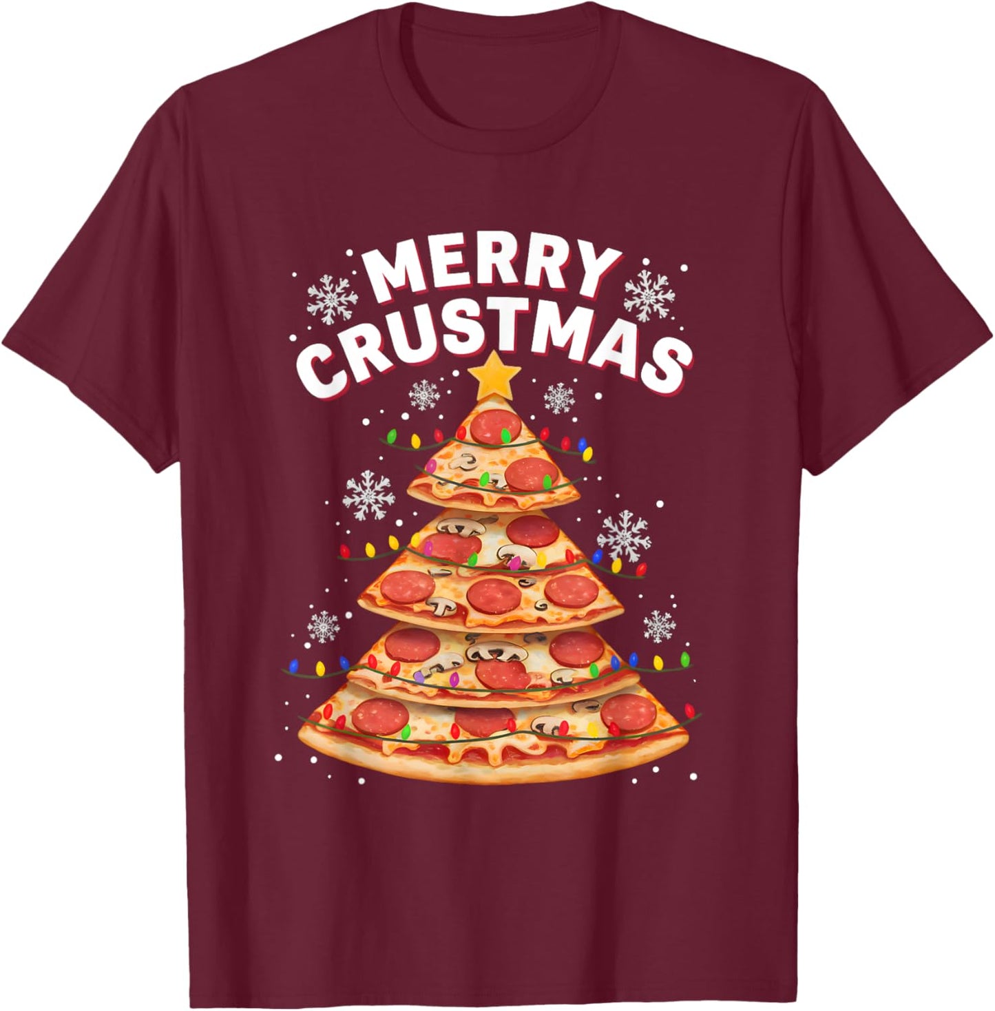 Merry Crustmas Pizza Christmas Tree Holiday Pajama Men Women T-Shirt - T-Shirt | Maroon