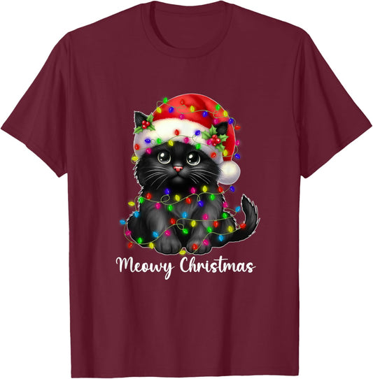 Meowy Christmas Lights Funny Family Black Cat Xmas Matching T-Shirt - T-Shirt | Maroon