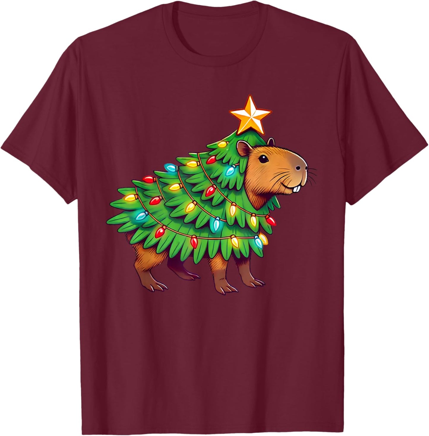 Capybara Christmas & Capypara Gifts -Adult Christmas Black Small Modern Capybara Print Round Collar Short Sleeve T-Shirt - T-Shirt | Maroon