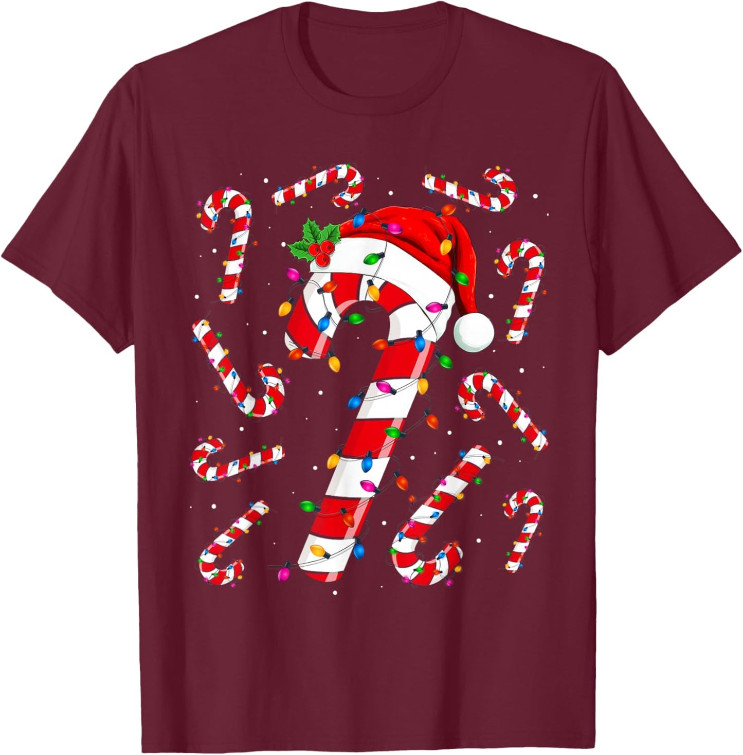 Red and White Candy Cane Santa Christmas Funny Xmas Lights T-Shirt - T-Shirt | Maroon