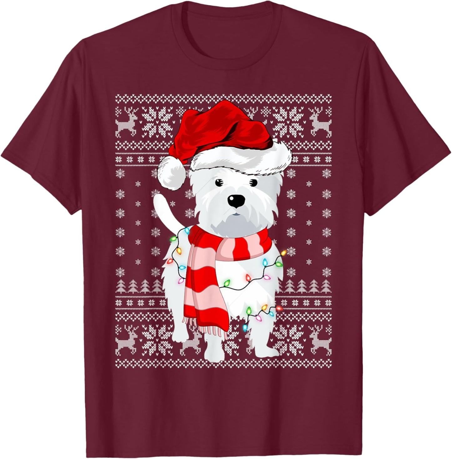 Ugly Sweater Xmas Lights Santa Hat Westie Dog Christmas Men Women Kids T-Shirt - T-Shirt | Maroon