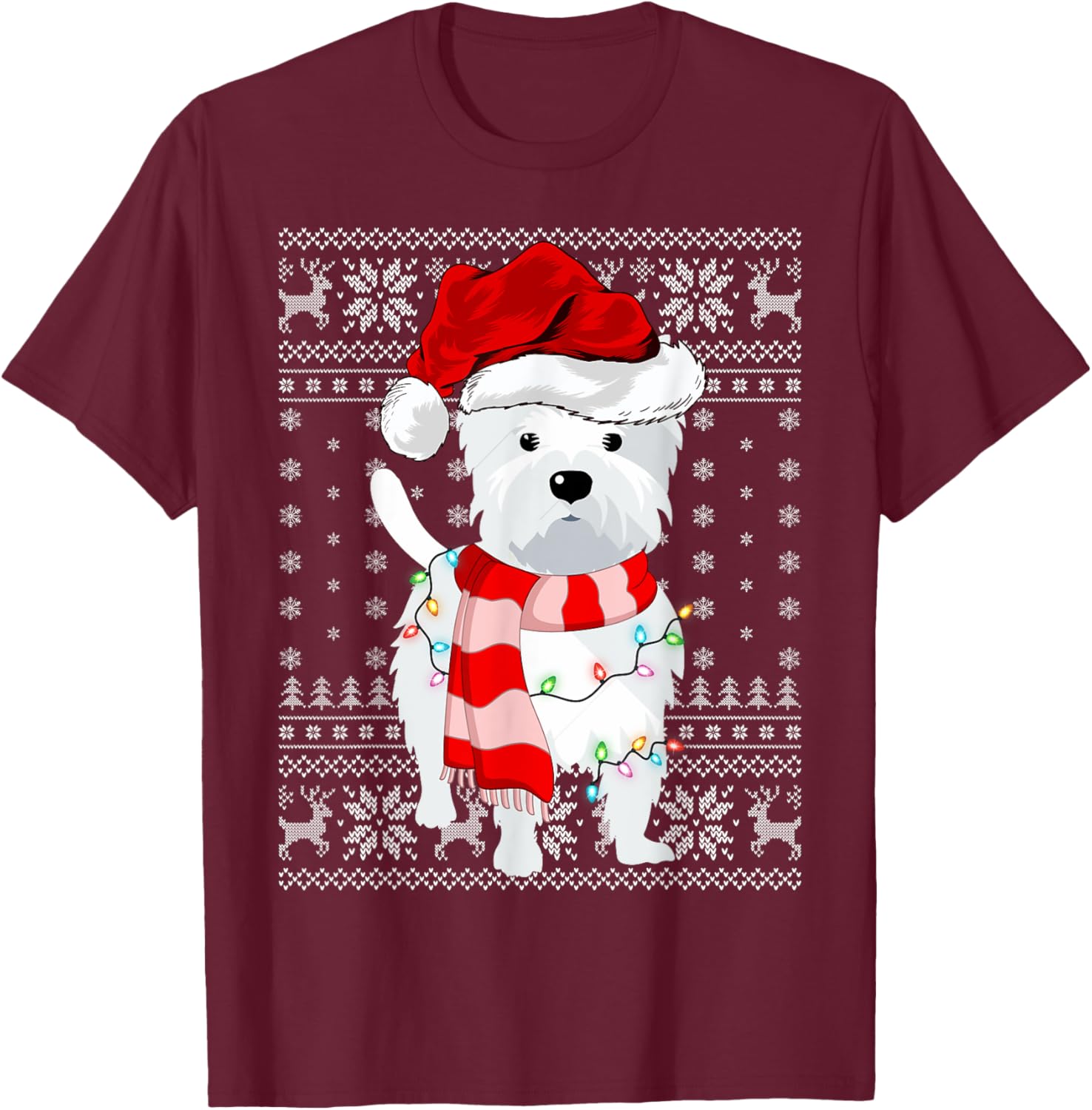 Ugly Sweater Xmas Lights Santa Hat Westie Dog Christmas Men Women Kids T-Shirt - T-Shirt | Maroon