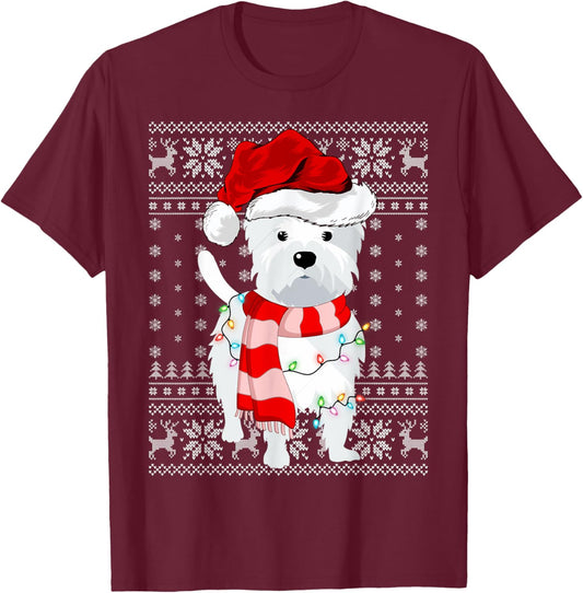 Ugly Sweater Xmas Lights Santa Hat Westie Dog Christmas Men Women Kids T-Shirt - T-Shirt | Maroon