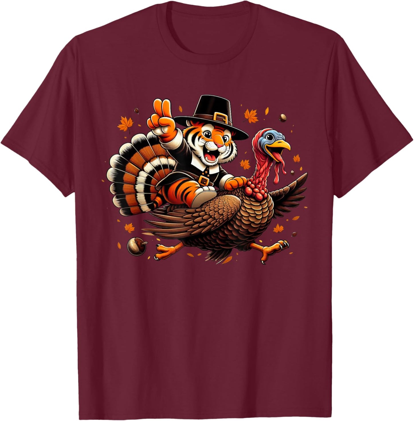Funny Tiger Turkey Autumn Thanksgiving Kids T-Shirt - T-Shirt | Maroon