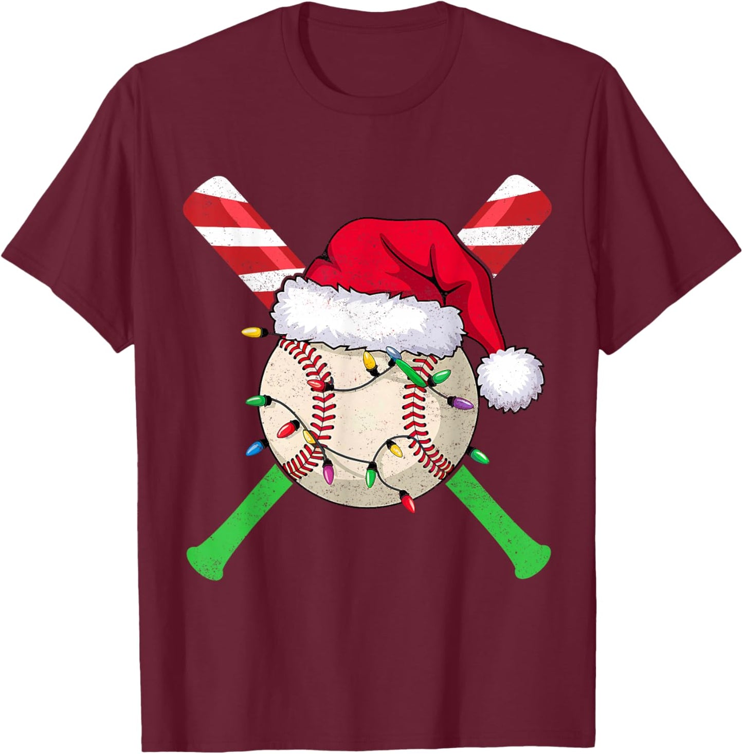 Funny Baseball Christmas Lights Candy Cane Bat Xmas Gifts T-Shirt - T-Shirt | Maroon