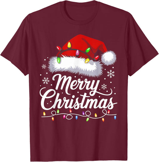 Merry Christmas Lights Santa Hat Funny Xmas Family Men Women T-Shirt - T-Shirt | Maroon
