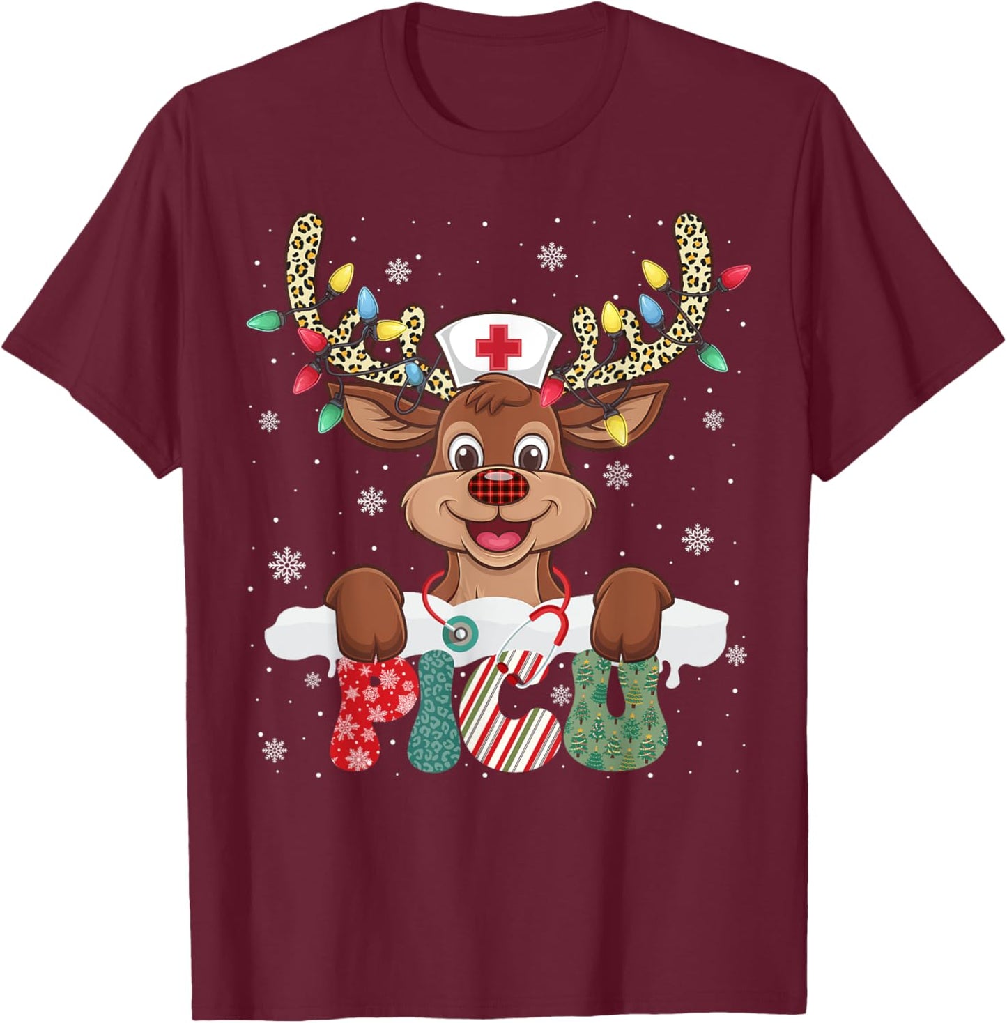 PICU Nurse Reindeer Nurse Hat Christmas Light Women Girl T-Shirt - T-Shirt | Maroon