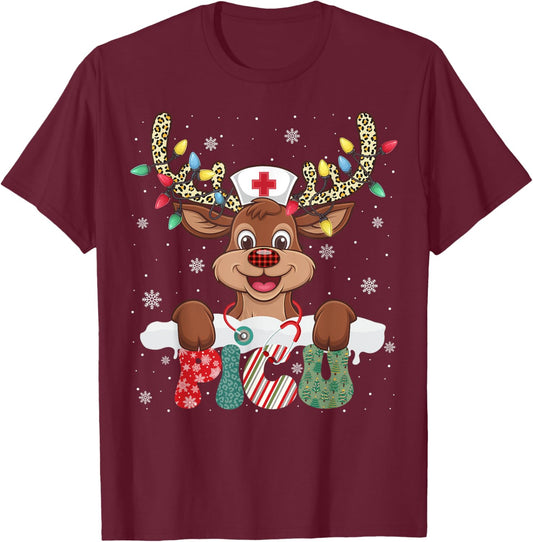 PICU Nurse Reindeer Nurse Hat Christmas Light Women Girl T-Shirt - T-Shirt | Maroon