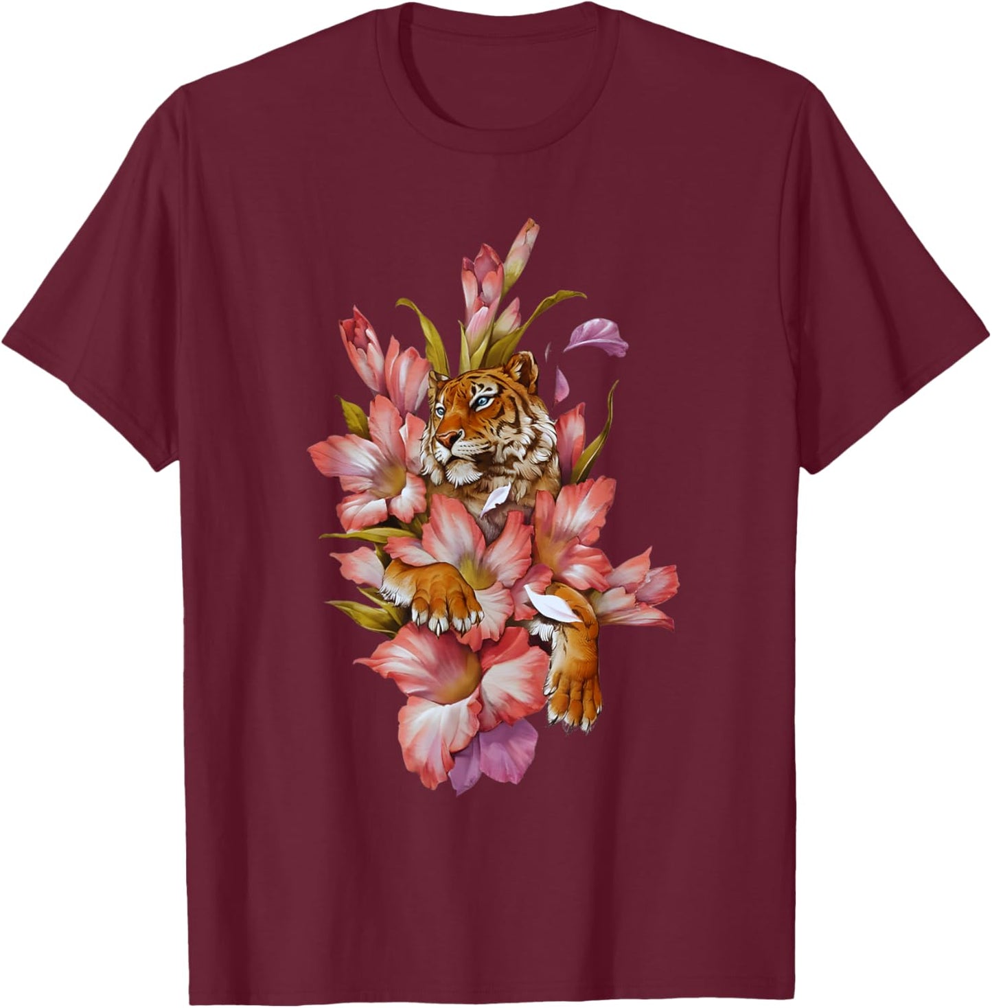 Japanese Flowers Japanese Tiger Asian Retro 80’s Style T-Shirt - T-Shirt | Maroon