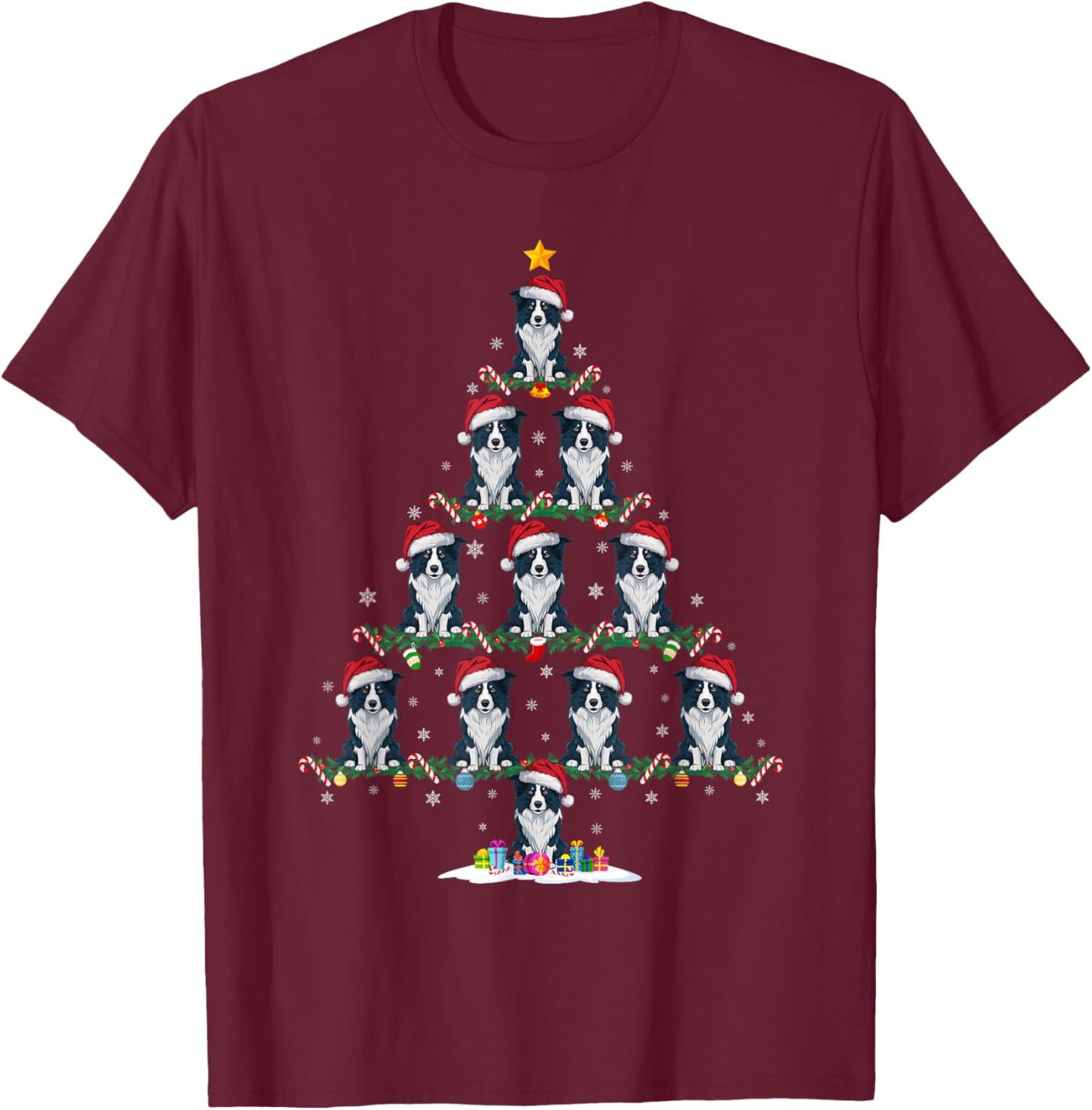 Border Collie Dog Christmas Tree Pajama Men Women Kids Ugly T-Shirt - T-Shirt | Maroon