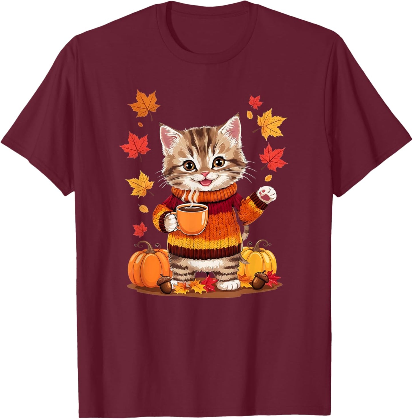 Cute Kitten With Sweater Funny Fall Graphic T-Shirt - T-Shirt | Maroon
