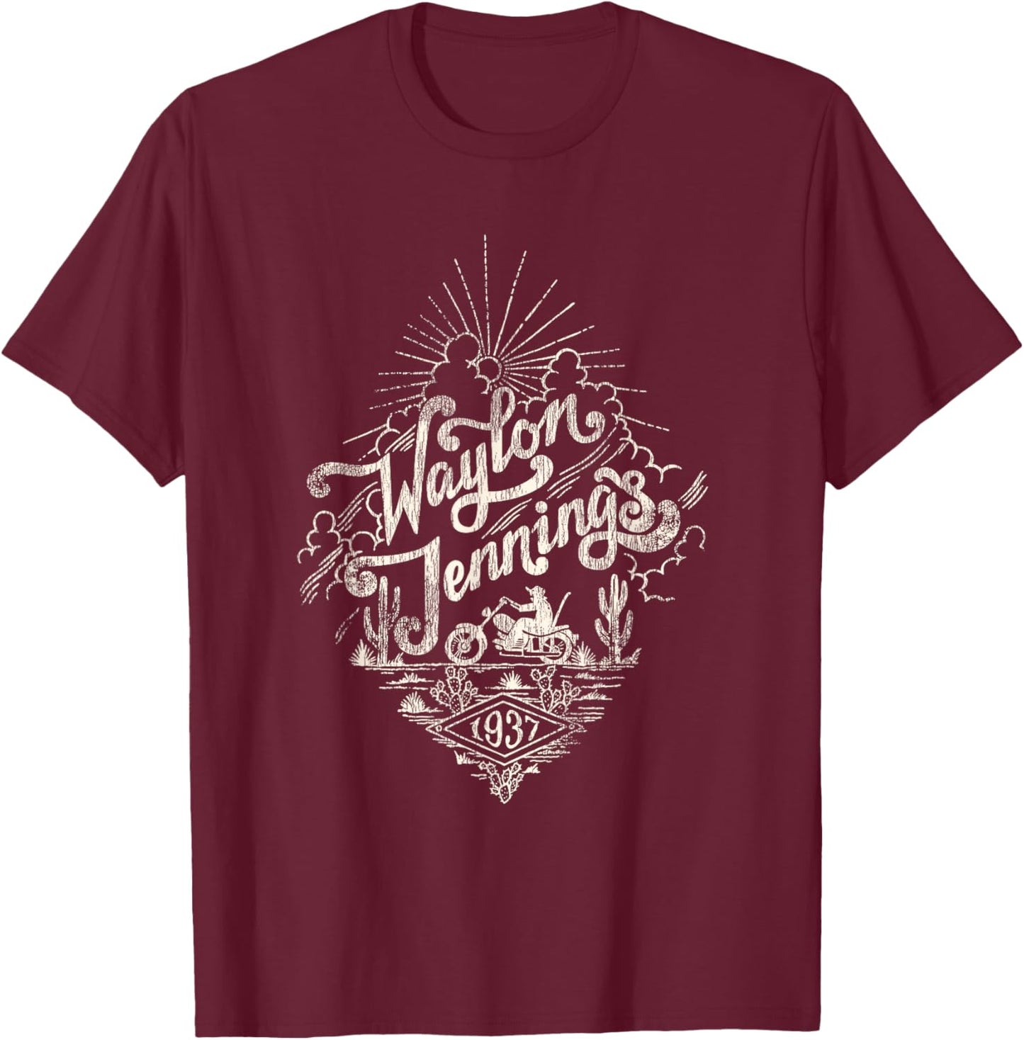 Waylon Jennings - Official Merchandise - Moto T-Shirt - T-Shirt | Maroon