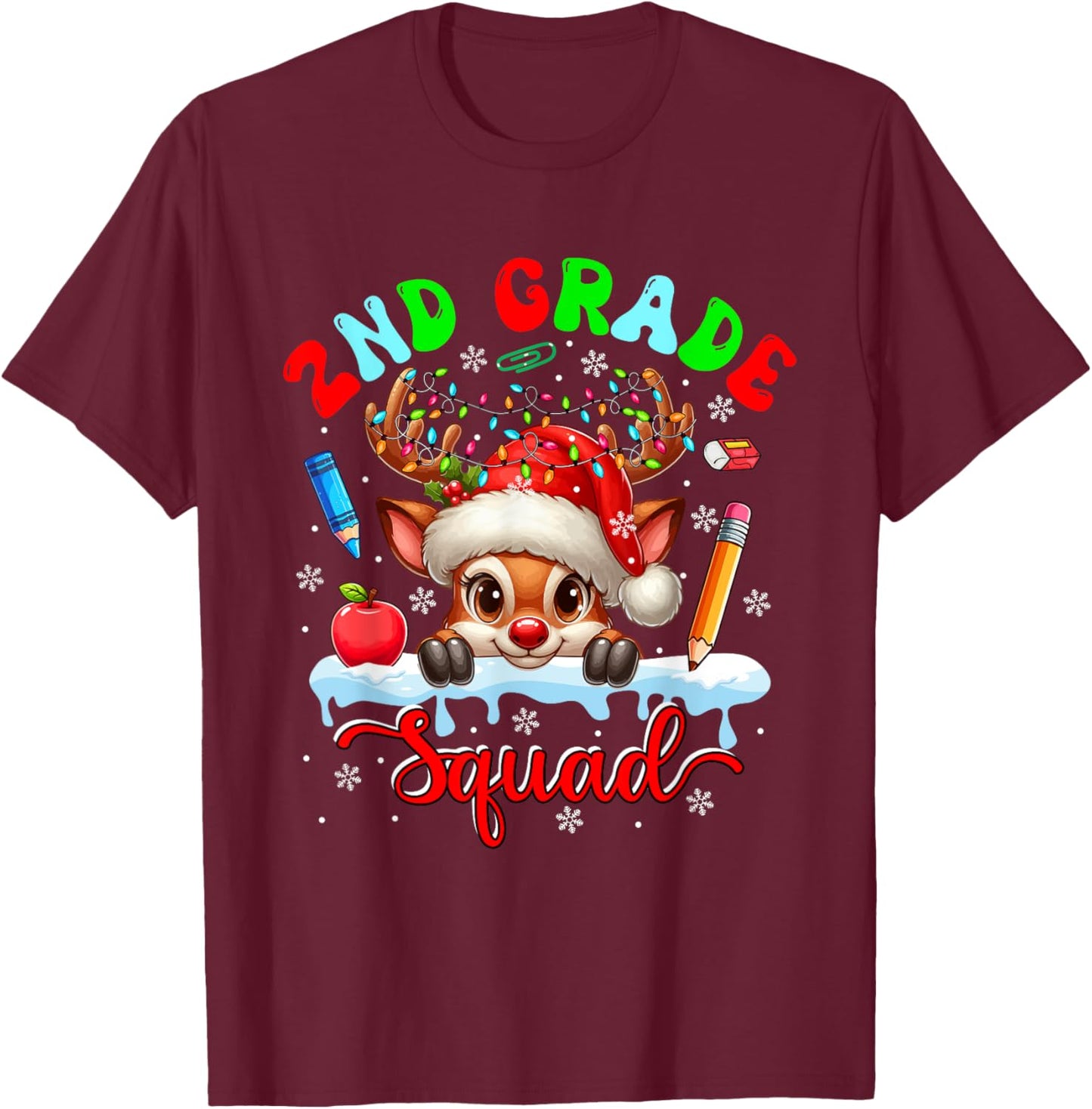 2nd Grade Squad Christmas Reindeer Costume Students Teacher T-Shirt - T-Shirt | Maroon