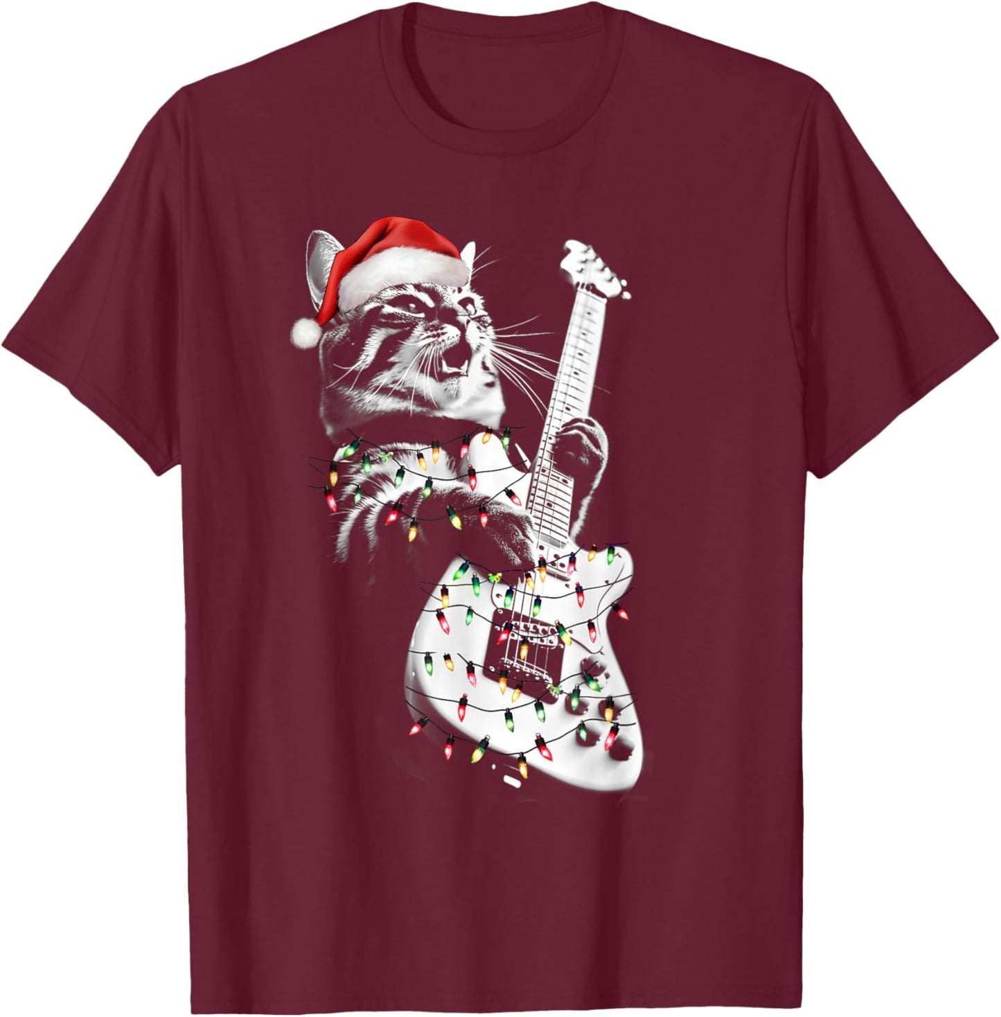 Rock Cat Playing Guitar Funny Guitar Cat Christmas Group Women Kids T-Shirt - T-Shirt | Maroon