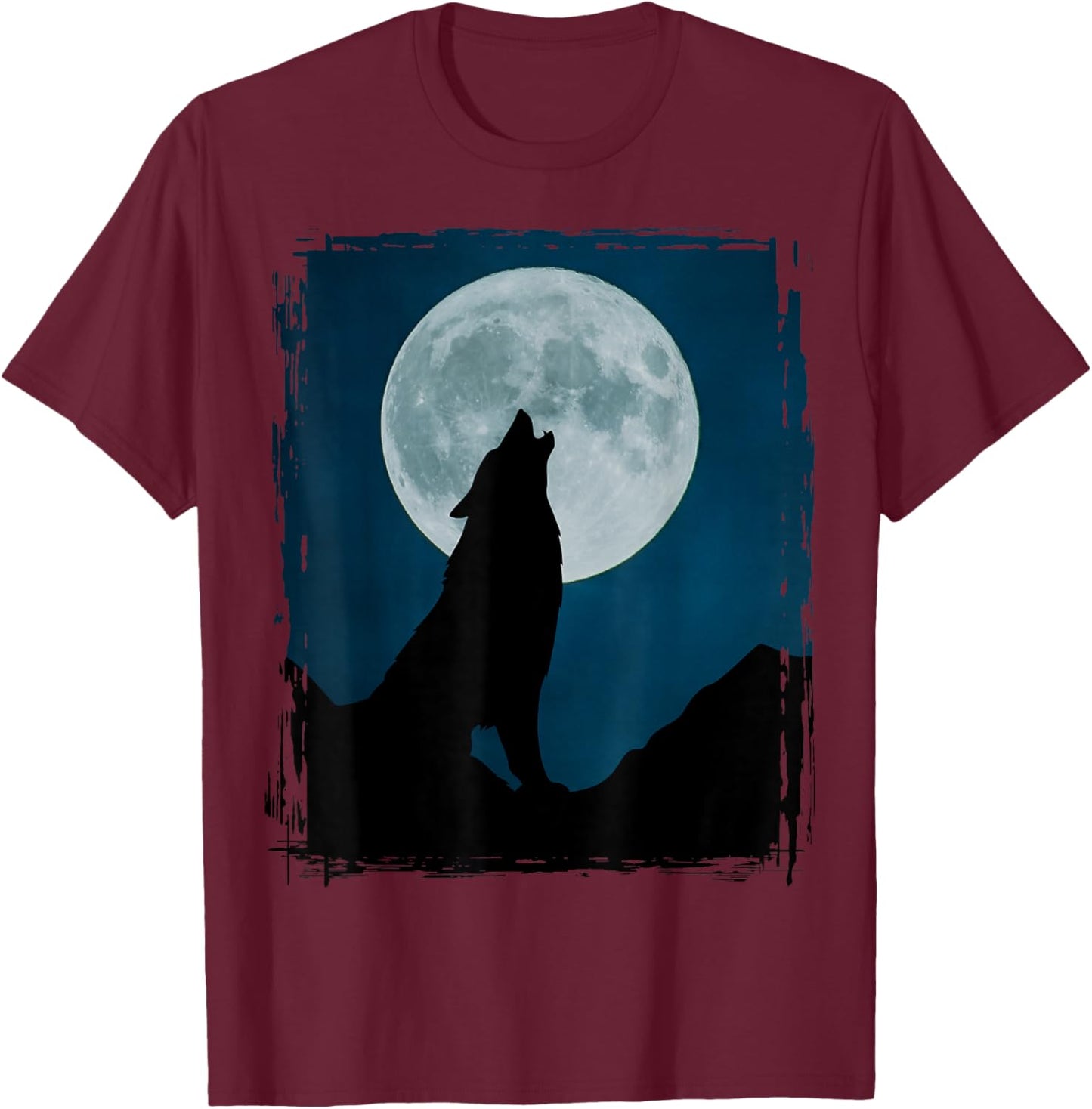 Howling Wolf Silhouette At Full Moon Night Wild Spirit T-Shirt - T-Shirt | Maroon