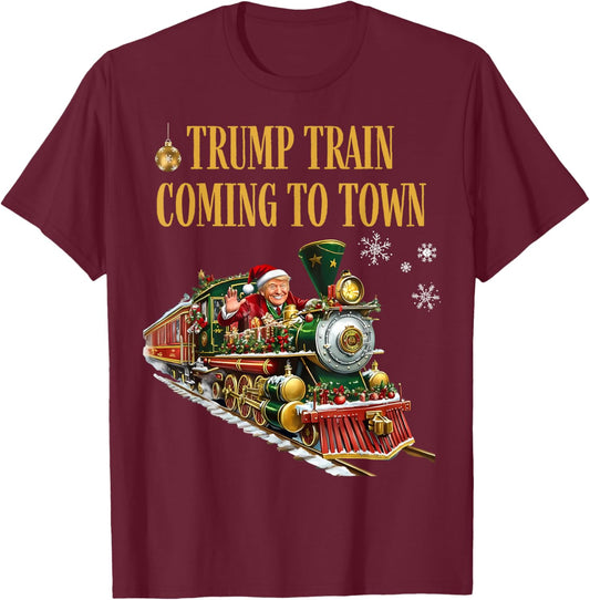 Trump Train Coming to Town Funny Christmas Santa Claus Trump T-Shirt - T-Shirt | Maroon