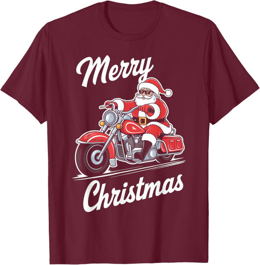 Merry Christmas Santa Riding Motorcycle Biker Lover Xmas T-Shirt - T-Shirt | Maroon