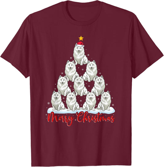 Santa Hat Ugly Xmas Funny Samoyed Dog Christmas Tree T-Shirt - T-Shirt | Maroon