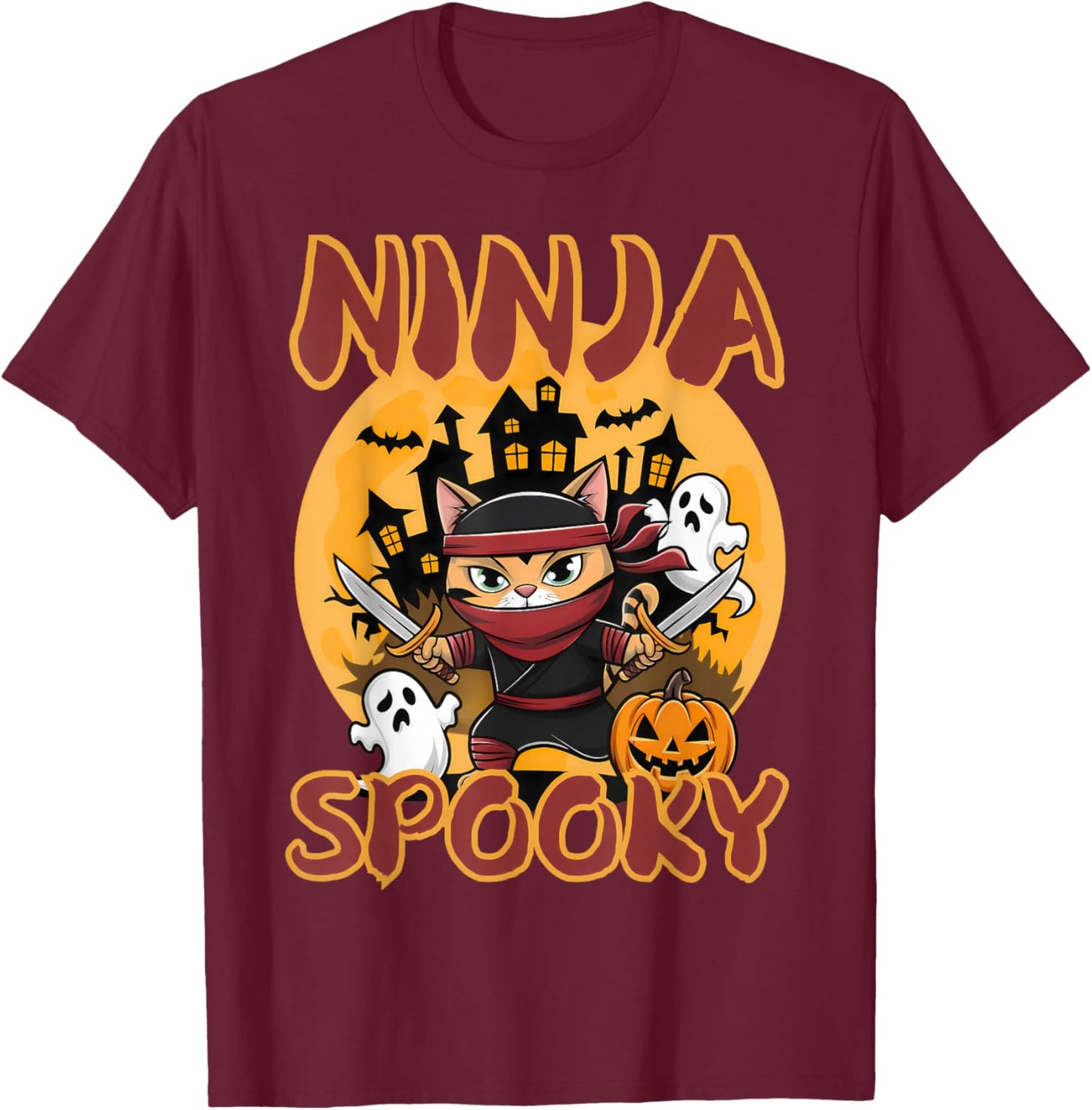 Ninja Spooky Halloween whit pumpkin Ninja Cat T-Shirt - T-Shirt | Maroon