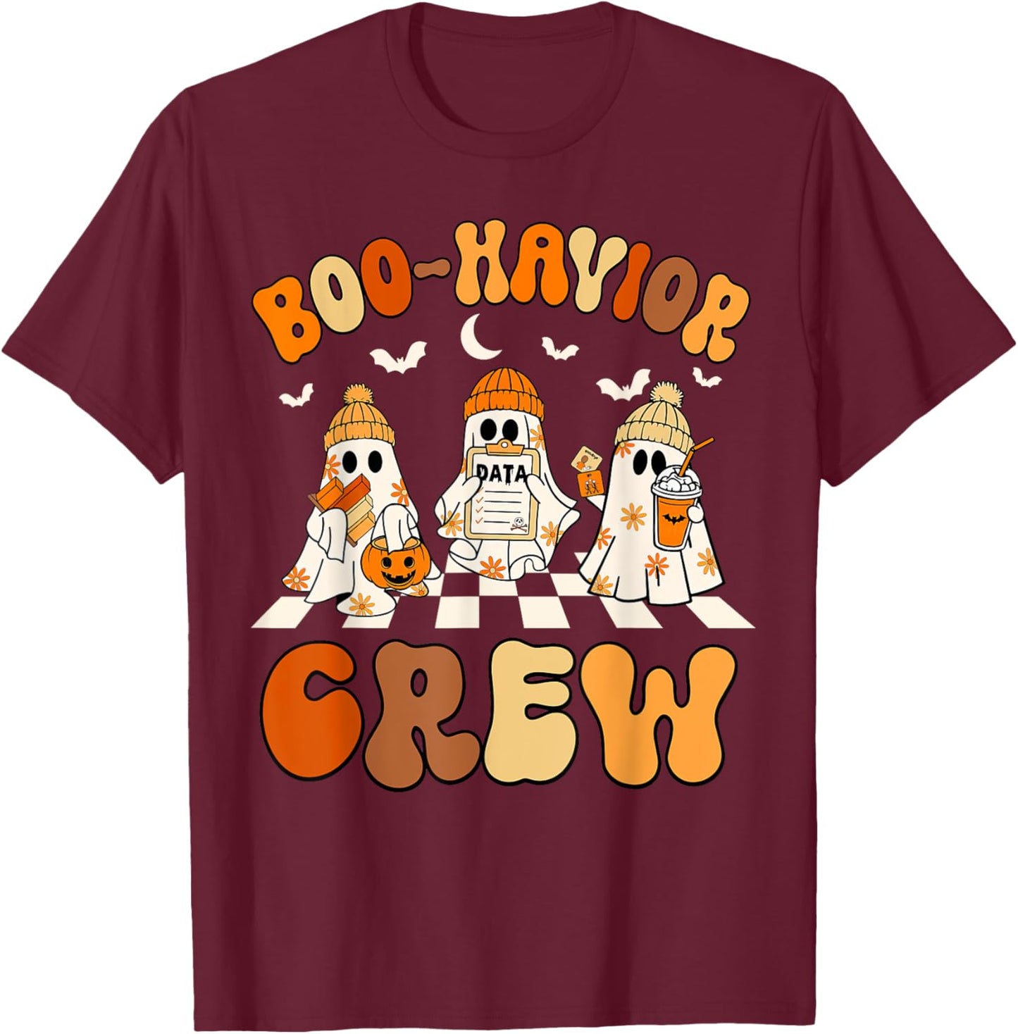 Behavior Analyst Halloween ABA Cute Ghost Boo-havior Crew T-Shirt - T-Shirt | Maroon