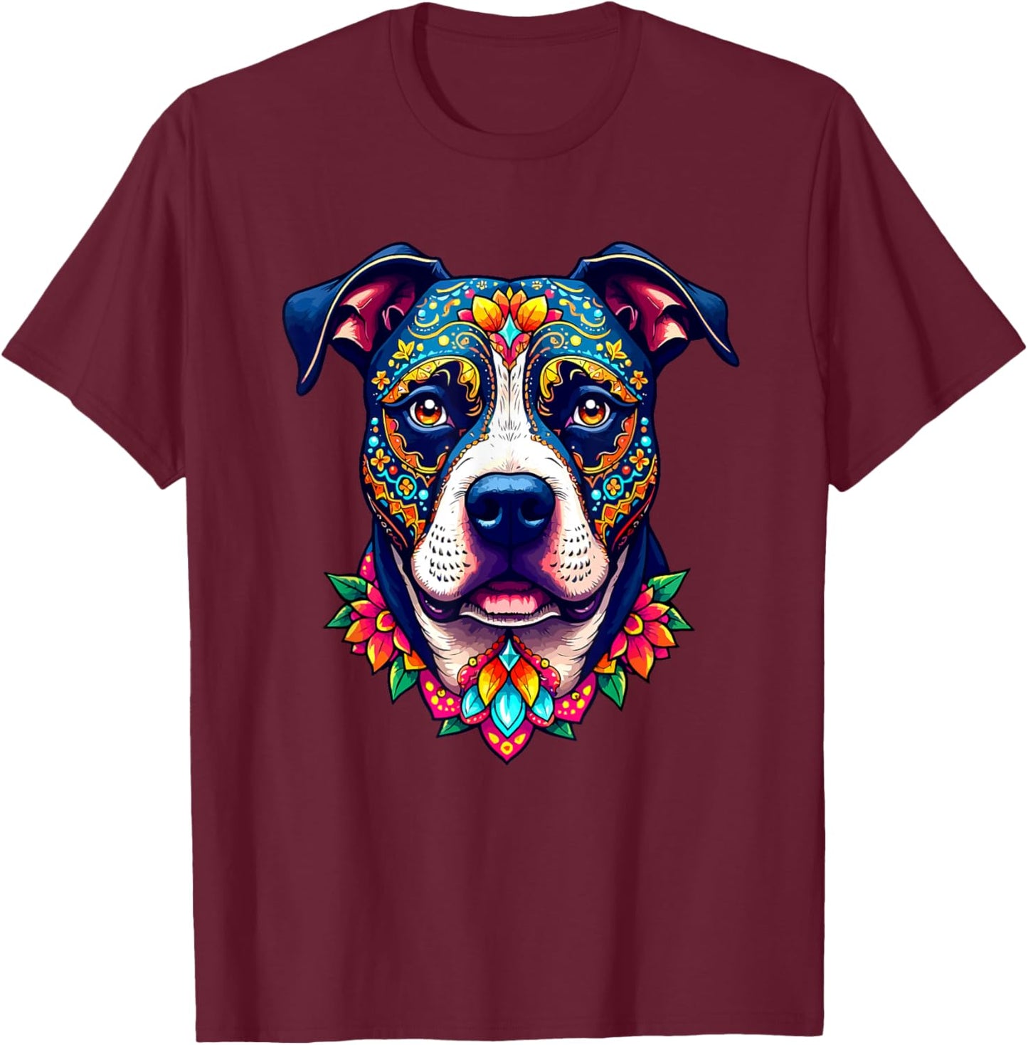 Mexican Sugar Skull Pitbull Dog Dia de Muertos Halloween Day Men Women T-Shirt - T-Shirt | Maroon