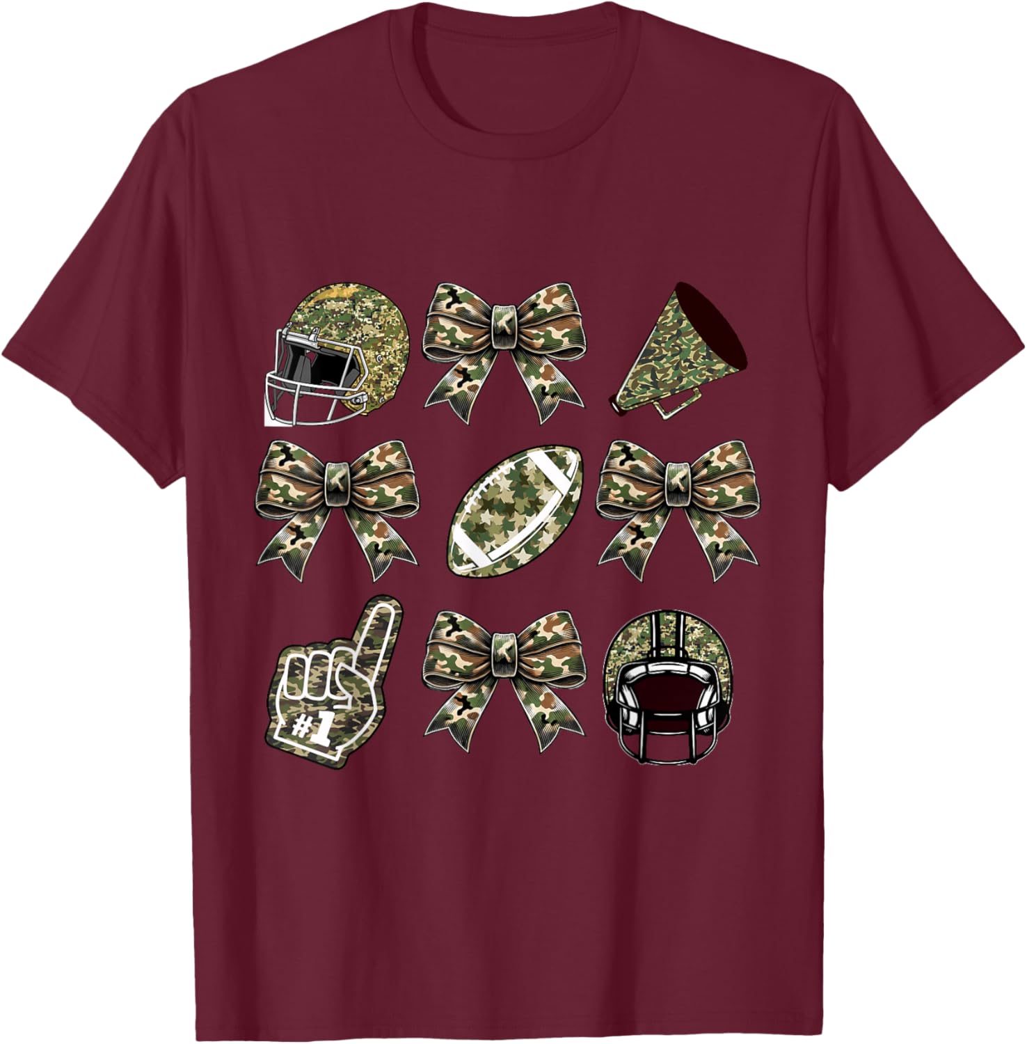 Camo Football Coquette Bow Football Mom Game Day Girls Women T-Shirt - T-Shirt | Maroon
