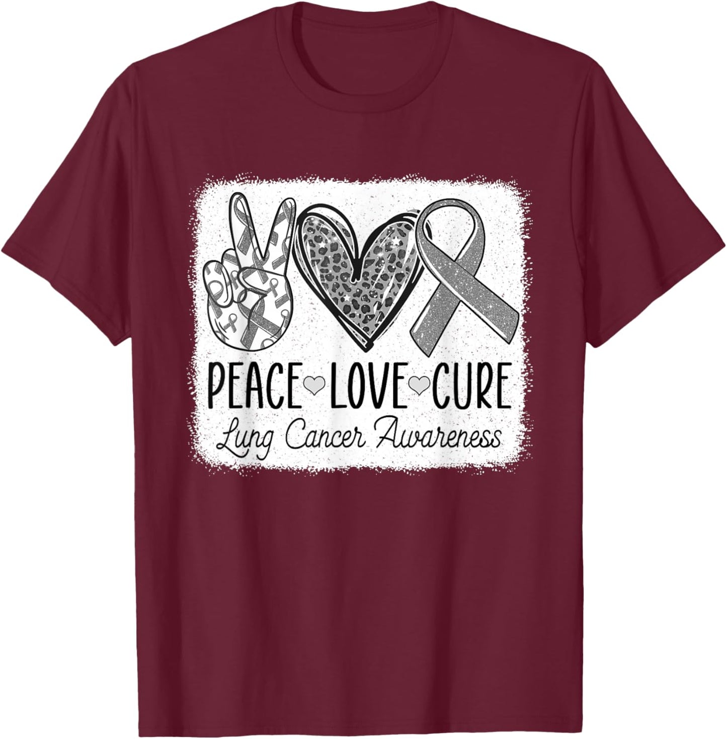 Lung Cancer Awareness Peace Love Cure White Ribbon T-Shirt - T-Shirt | Maroon