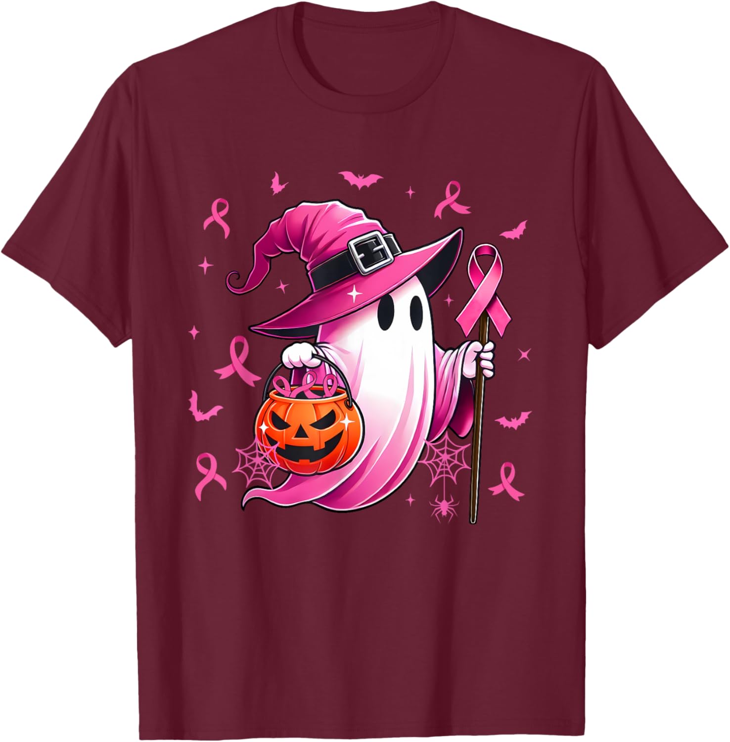 Halloween Pink Ghost Witch Breast Cancer Awareness Women T-Shirt - T-Shirt | Maroon