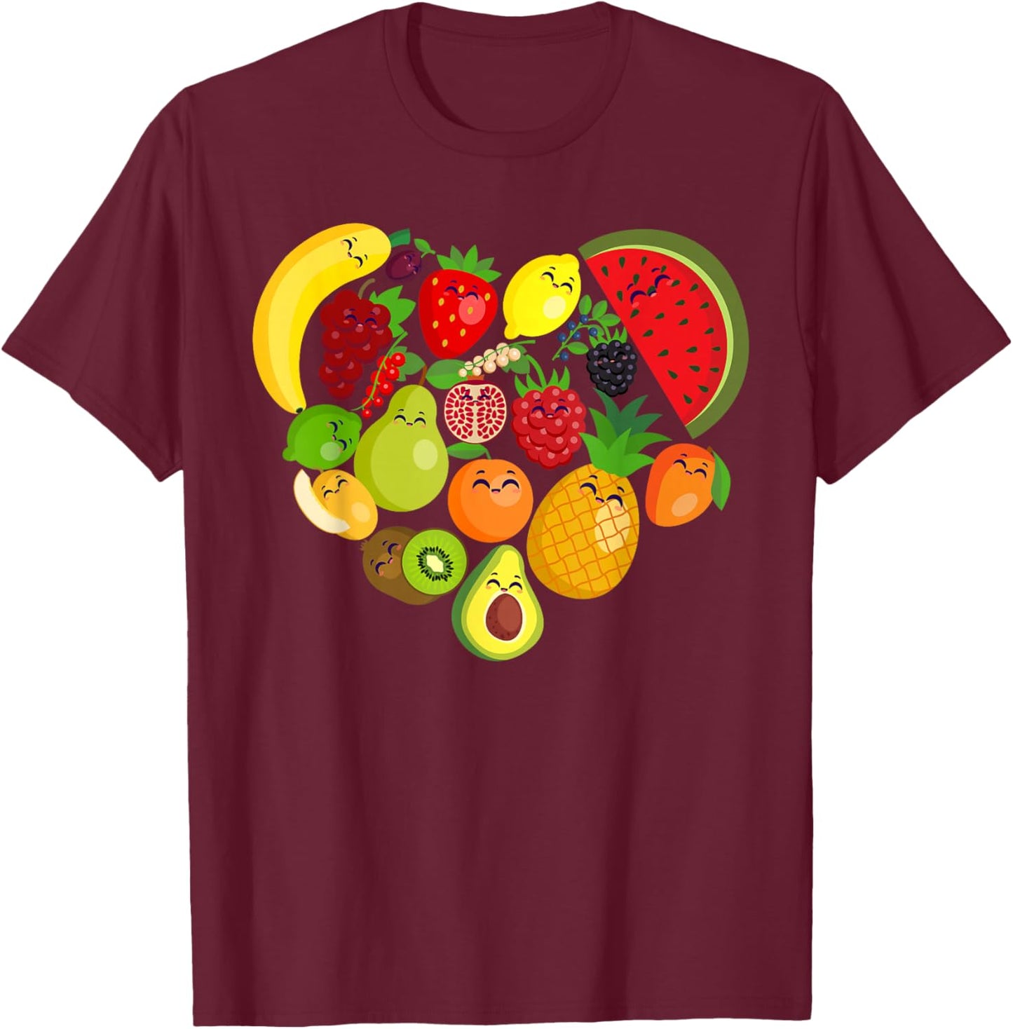 Funny Fruits Collage Cute heart Fruit and Vegetables T-Shirt - T-Shirt | Maroon