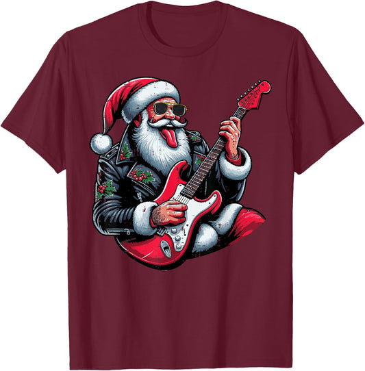 Christmas Rocker Santa Guitar Xmas Rock Music Men Boys Kids T-Shirt - T-Shirt | Maroon