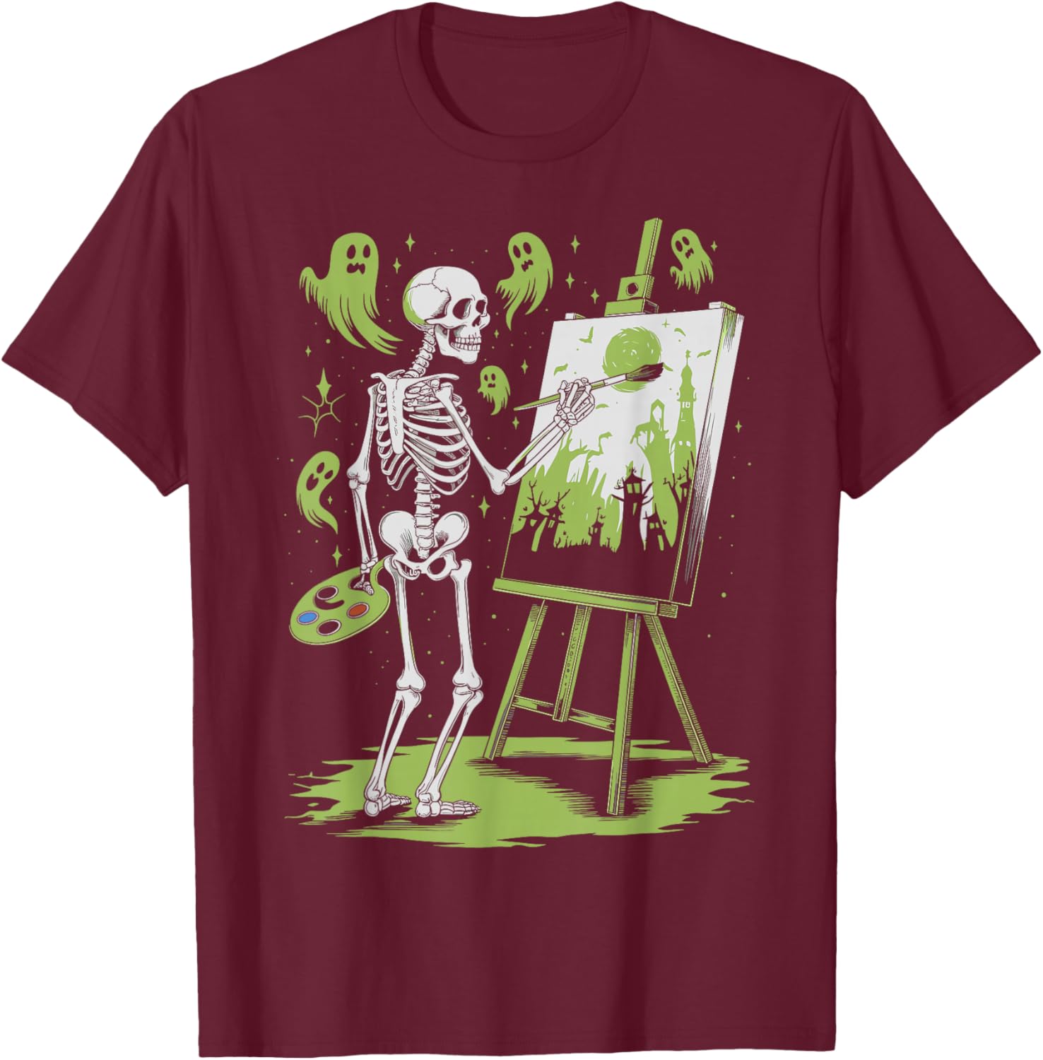 Skeleton Art Painting Lovers Spooky Halloween Artist Drawing T-Shirt - T-Shirt | Maroon