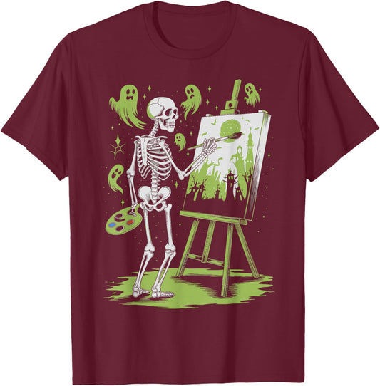 Skeleton Art Painting Lovers Spooky Halloween Artist Drawing T-Shirt - T-Shirt | Maroon