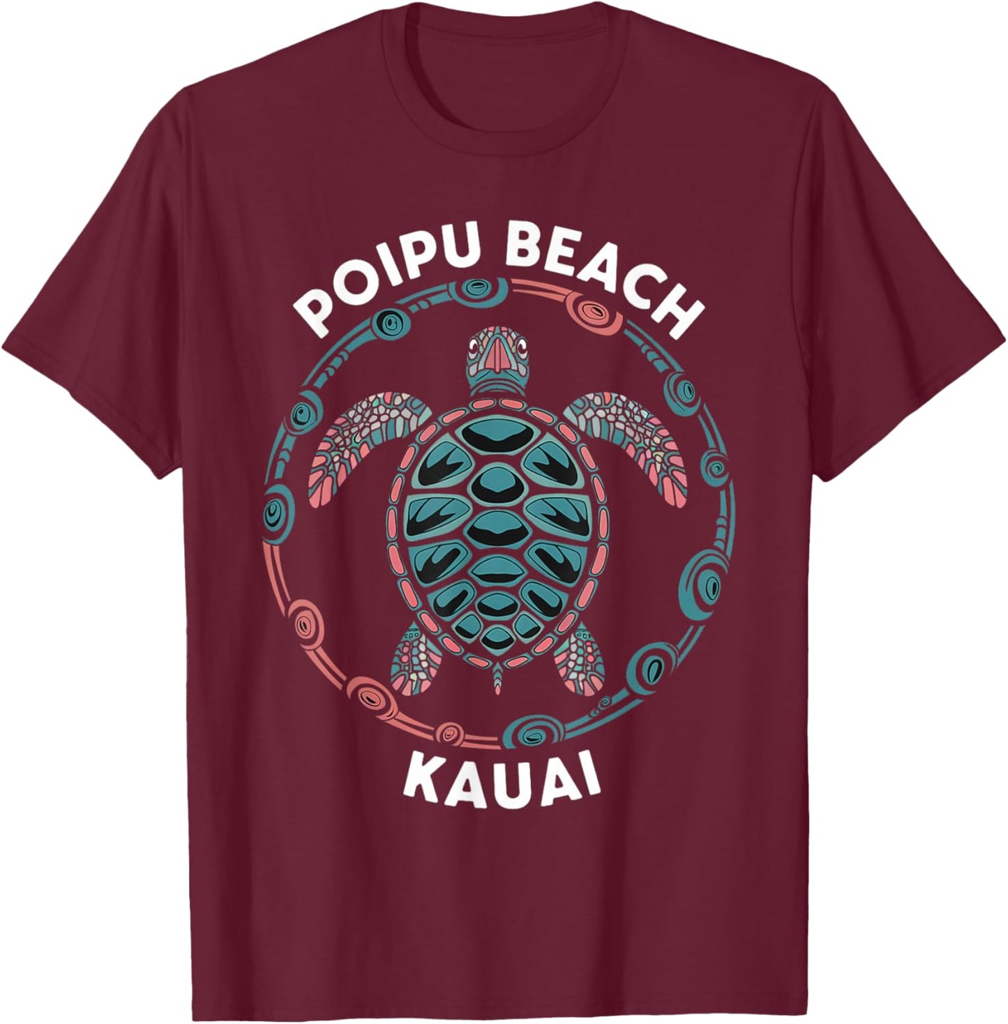 Poipu Beach Kauai Hawaii Islands Tropical Tribal Turtle T-Shirt - T-Shirt | Maroon