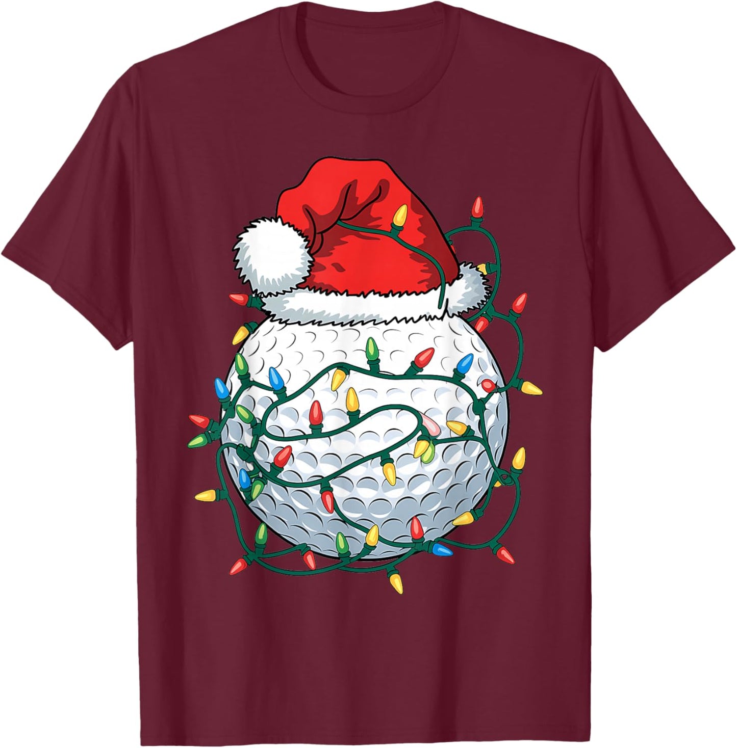 Golf Ball Santa Hat Men Christmas Golfing Xmas Lights T-Shirt - T-Shirt | Maroon