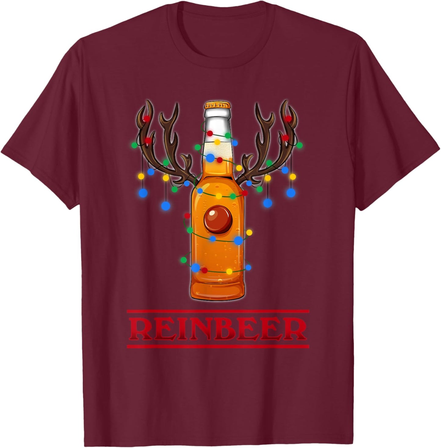 Reindeer Beer Christmas Lights Gifts Beer Lover Christmas T-Shirt - T-Shirt | Maroon