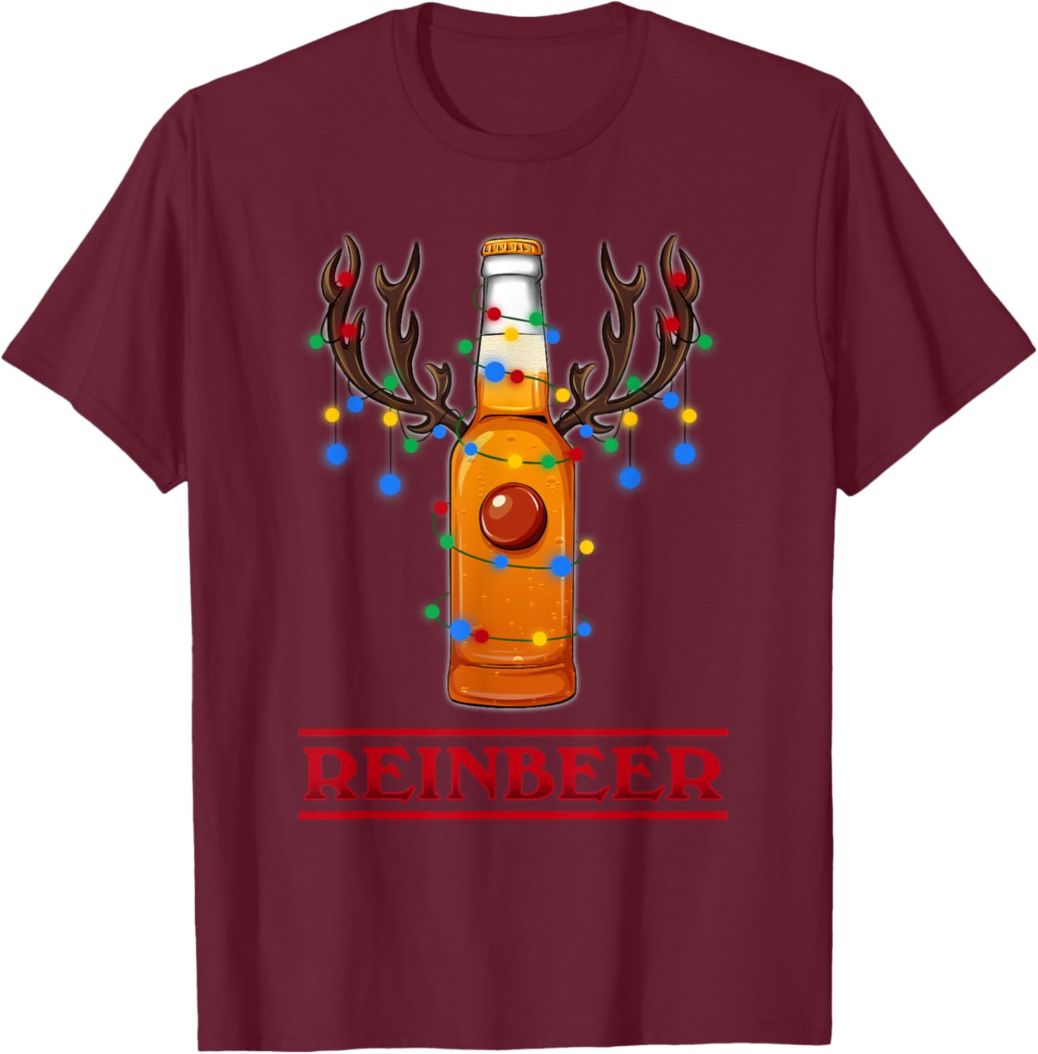 Reindeer Beer Christmas Lights Gifts Beer Lover Christmas T-Shirt - T-Shirt | Maroon