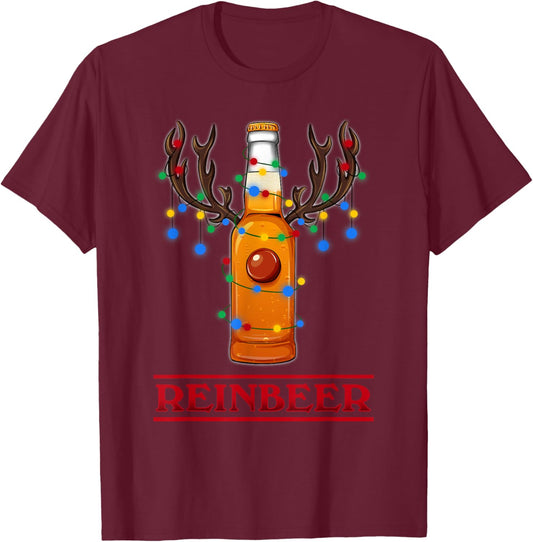 Reindeer Beer Christmas Lights Gifts Beer Lover Christmas T-Shirt - T-Shirt | Maroon