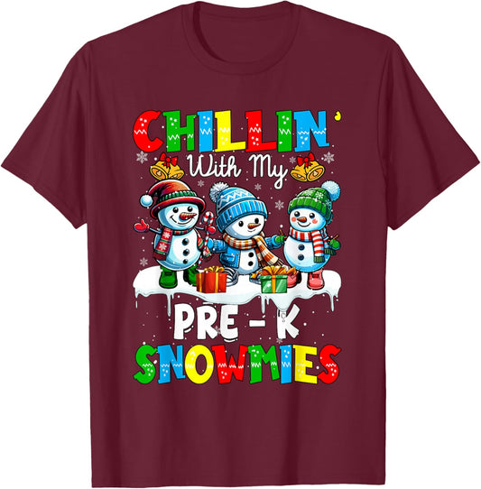Chillin' With My Pre - K Snowmies Xmas Teacher Students T-Shirt - T-Shirt | Maroon