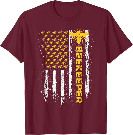 Beekeeper USA Flag Funny Honeybee Beekeeping Bee Patriotic T-Shirt - T-Shirt | Maroon