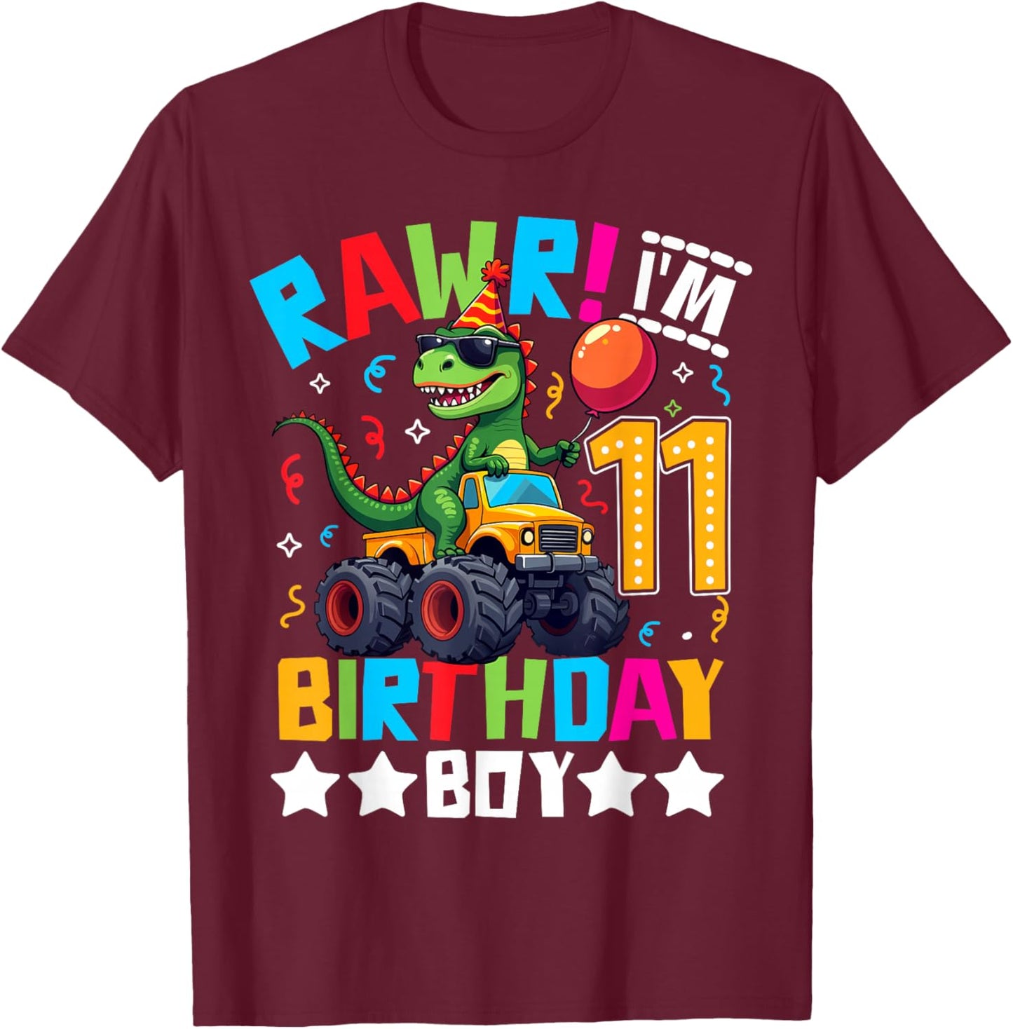 Monster Truck 11th Birthday Shirt Dinosaur Happy Bday T-rex T-Shirt - T-Shirt | Maroon