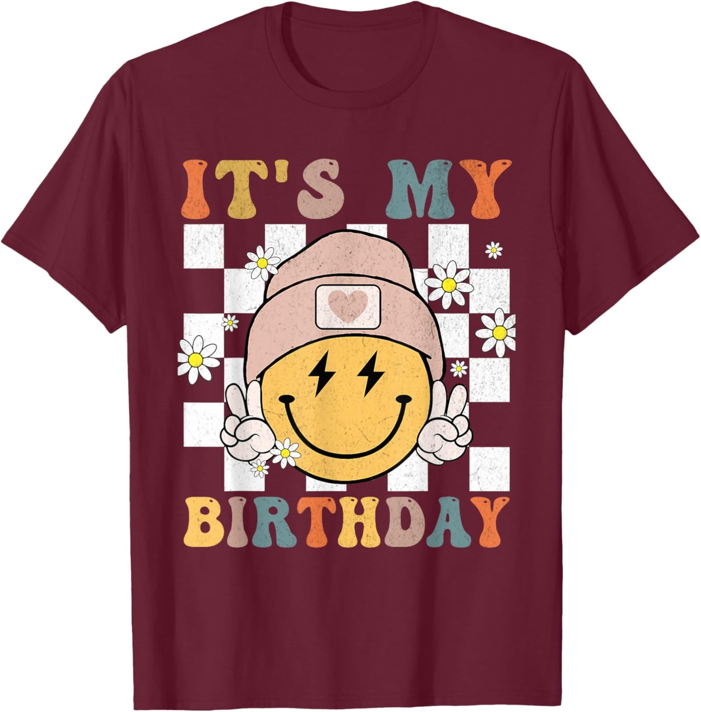 Retro It's My Birthday Smile Face Groovy Girl Kid Women T-Shirt - T-Shirt | Maroon