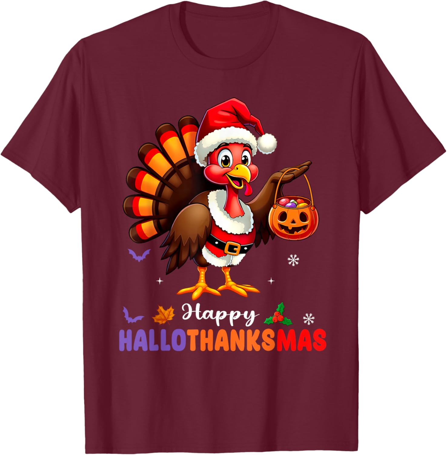 Happy Hallothanksmas Shirt Halloween Thanksgiving Christmas T-Shirt - T-Shirt | Maroon