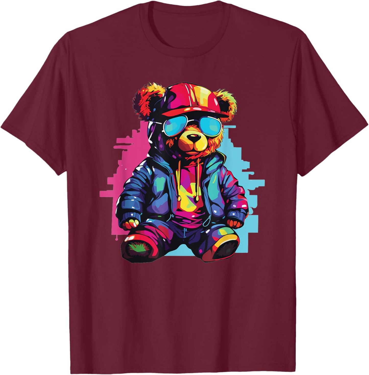 Colorful Teddy Bear With Sunglasses I Kids Teddy T-Shirt - T-Shirt | Maroon