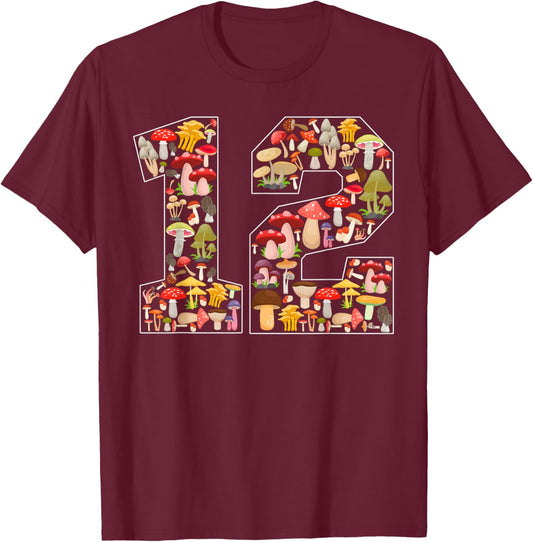 12th Birthday Mushroom Themed 12 Year Old Boy Girl Birthday T-Shirt - T-Shirt | Maroon