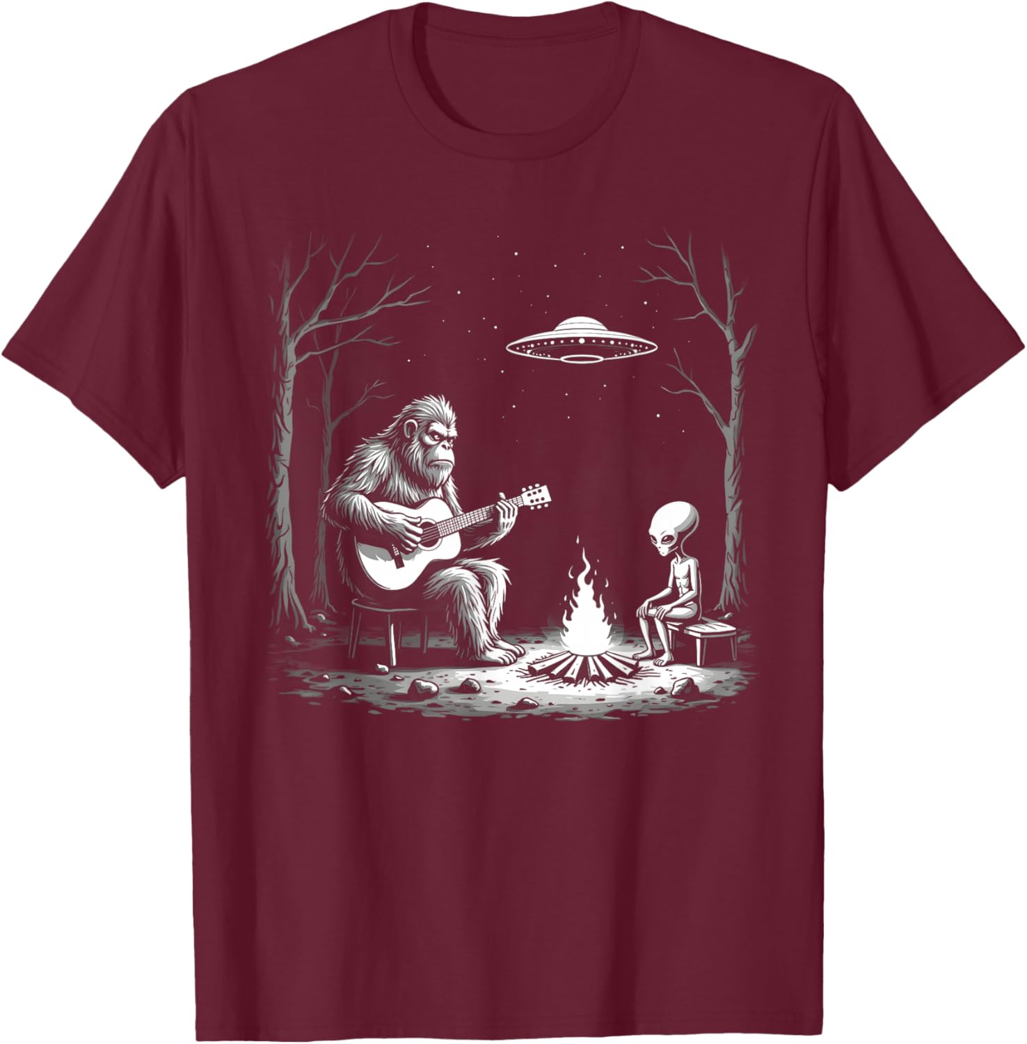 Bigfoot Guitar Campfire Alien Ufo Camping Sasquatch T-Shirt - T-Shirt | Maroon