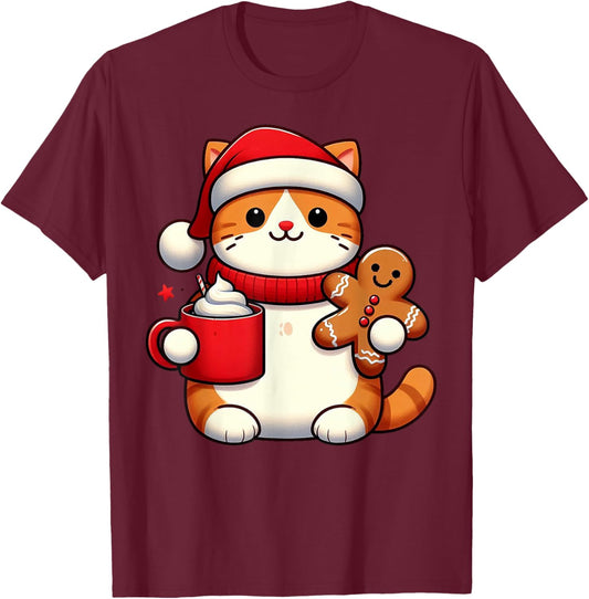 Cat Santa Hat Christmas Holiday Xmas Coffee Gingerbread Women T-Shirt - T-Shirt | Maroon