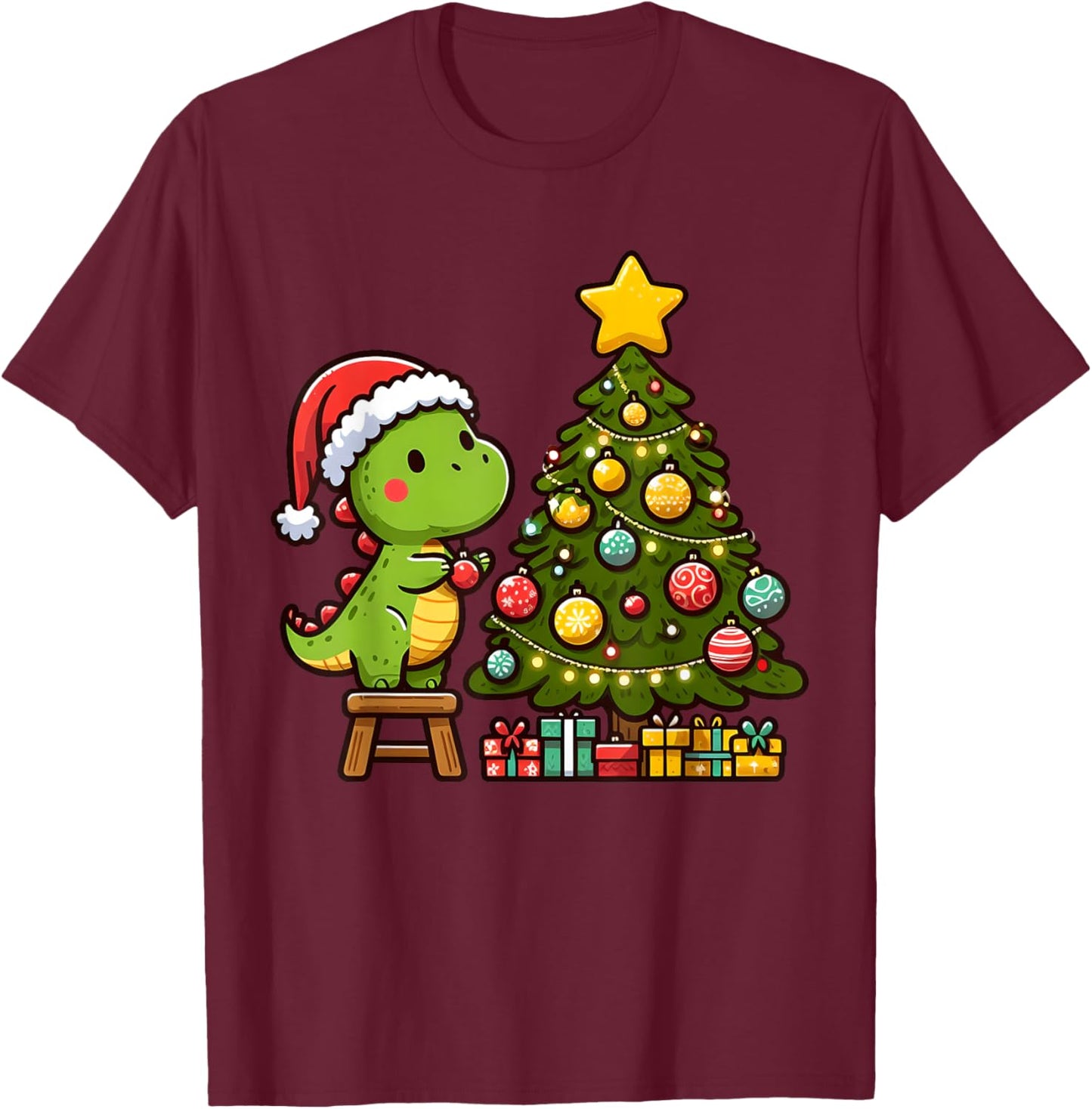 Cute T Rex Dinosaur Decorating Christmas Tree Xmas Holiday T-Shirt - T-Shirt | Maroon